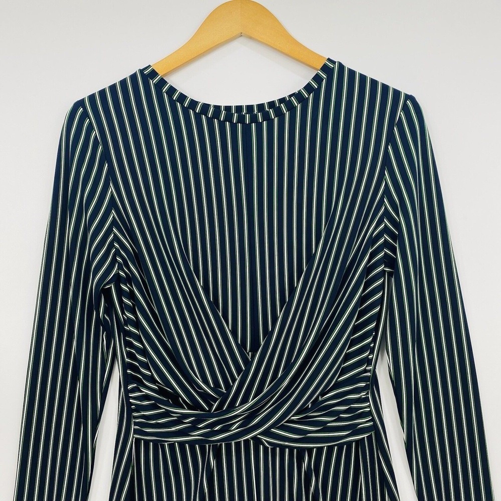 ANN TAYLOR Womens Midi Dress Petite 10P Blue Green Stripe Sheath 3/4 Sleeve Chic - Picture 2 of 13